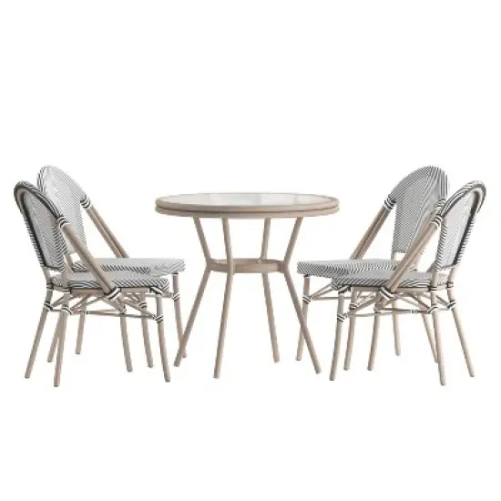 Merrick Lane Mael Bistro Style Table with Glass Top, Textilene, 4 Stack Chairs, and Bamboo Finished Metal Frame for Indoor/Outdoor Use image {11}