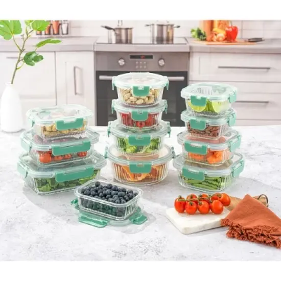 JoyJolt 24 Piece Fluted Glass Food Storage Containers with Leakproof Lids Set - Green image {1}