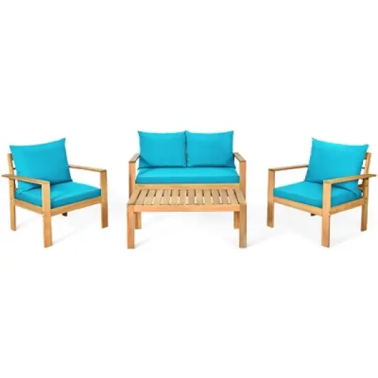 Costway 4PCS Patio Furniture Set Acacia Wood Thick Cushion Loveseat Sofa Off White\Turquoise\Grey image {2}