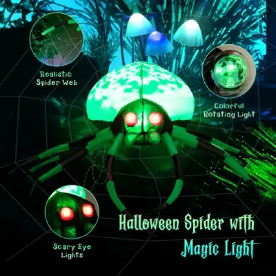 Tangkula Halloween Inflatable Spider with Cobweb Creepy Blow-up Spider with LED Rotating LED Light Green Black Legs Waterproof Halloween Decoration image {2}