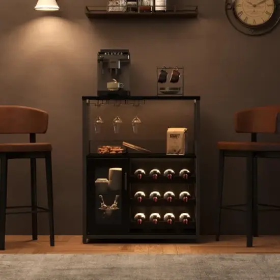 3-Tier Industrial Wine Bar Cabinet with Detachable Wine Rack, Drawer, Glass Holder & Mesh Doors Durable Sideboard and Buffet Storage, Brown image {3}