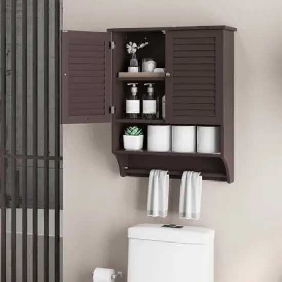 Costway Bathroom Wall Mounted Medicine Cabinet with Louvered Doors & Towel Bar Espresso/Grey/White image {5}