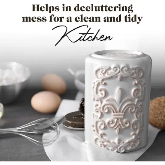 American Atelier Food Storage Ceramic Canister Jar, Fleur De Lis Embossed Design & Airtight Stainless-Steel Lid For Sugar, Flour, White, Set of 2 image {5}