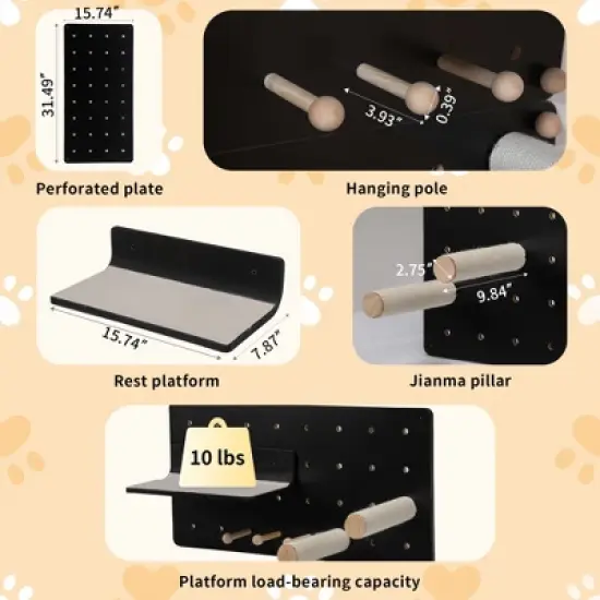 DOMETOUR Wall-Mounted Cat Shelves Floating Cat Tree on Pegboard with Sisal Scratching Posts, jumping Platforms, Hanging Poles, Black image {15}