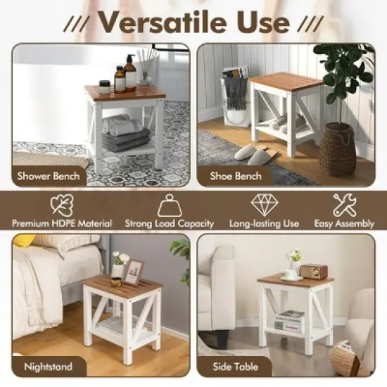 Costway 2-Tier Heavy Duty Waterproof HDPE Shower Bench Stool with Bottom Storage Shelf Off  White & Brown image {6}