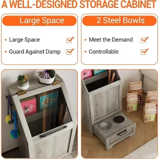 90cm Pet Feeder Station Cabinet, Flip-Top Dog Food Storage with 2 Raised Stainless Steel Bowls, Pet Toy Organizer for Large/Medium/Small Pets image {5}