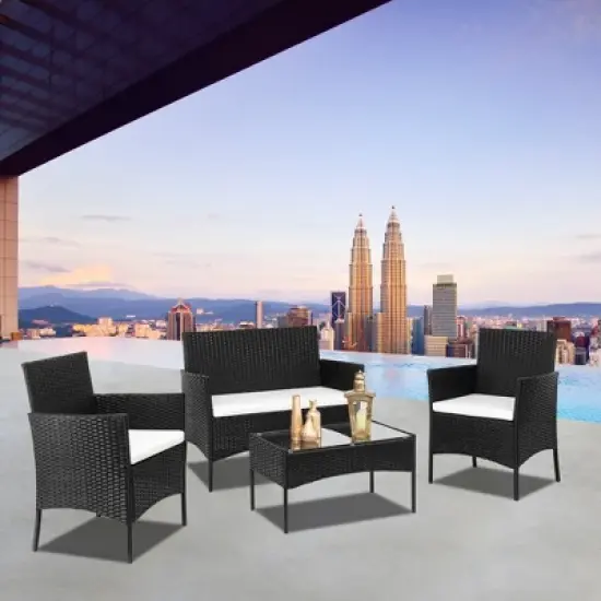 KTMBDW 4 Pieces Patio Set Outdoor Wicker Furniture Sets Modern Rattan Chair Conversation Sofa Sets with Glass Coffee Table for Yard and Bistro image {2}