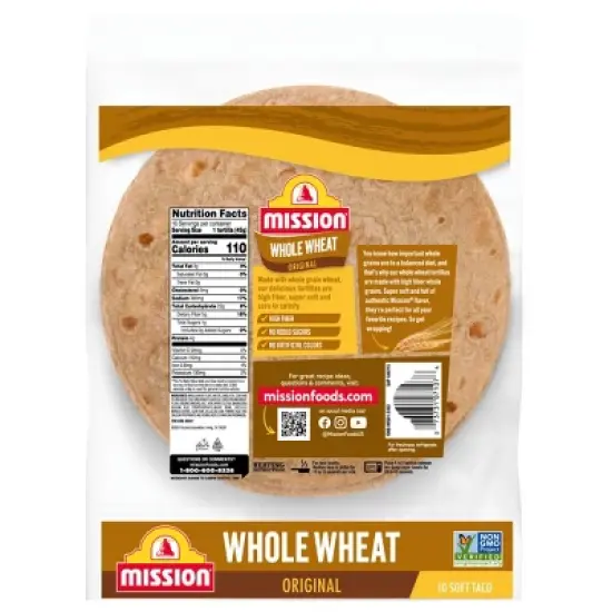 Mission Taco Size Super Soft Whole Wheat flour Tortillas - 16oz/10ct image {1}
