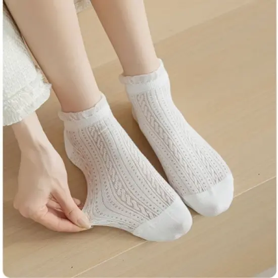 Anna-Kaci 5 Pairs Women's Ruffle Cuff Lace Knit Ankle Socks Breathable Soft Stretch Fabric with Multiple Color Options image {1}