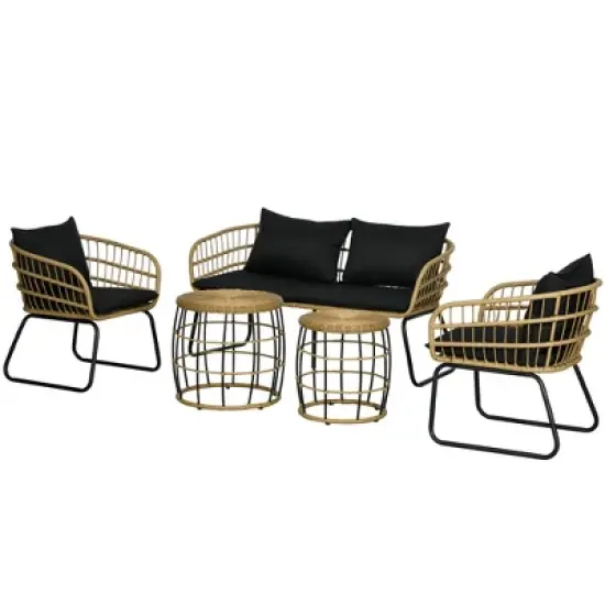 Outsunny 5 Piece PE Rattan Outdoor Furniture Set with Cushioned Chairs, Loveseat Sofa & Stackable Coffee Tables image {6}