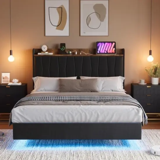 Floating Bed Frame King with LED Lights & USB Charging Station Upholstered Platform Bed with Headboard, Solid Wood Slats Support, No Box Spring image {1}