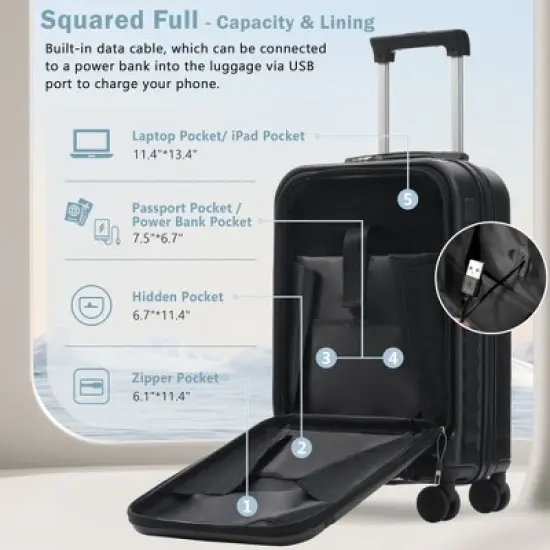 3-Piece Hardside Luggage Set, Front-Opening Carry-on Suitcase with USB Port, Expandable Luggage with Handle Bag & TSA Lock - ModernLuxe image {4}