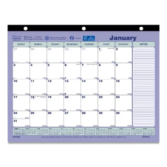 Monthly Desk Pad Calendar, 3-Hole Punched, 11 x 8.5, White/Blue/Green Sheets, Black Binding, 12-Month (Jan to Dec): 2026 image {3}