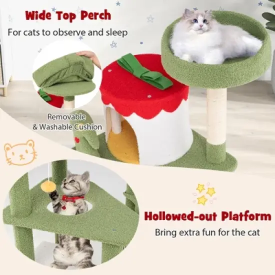 Tangkula 61" Tall Christmas Cat Tree w/ Sisal Scratching Posts Plush Perch & 2 Condos image {6}