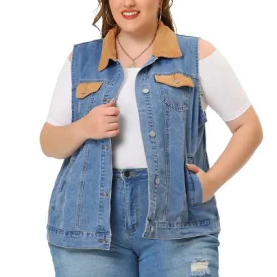 Agnes Orinda Women's Plus Corduroy Jean Contrast Color Denim Jackets Vests image {6}