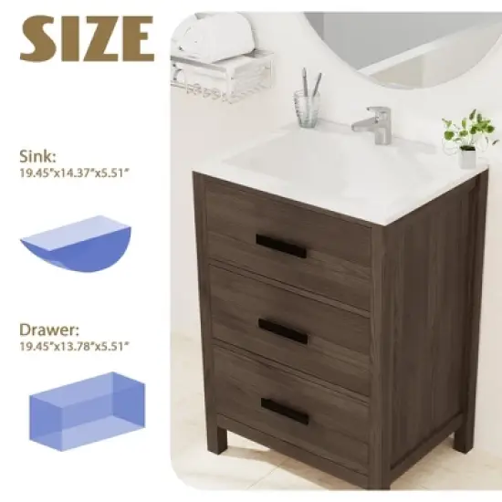 Hyleory 24" KD Freestanding Bathroom Vanity with Resin Single Sink, 3 Drawers image {7}