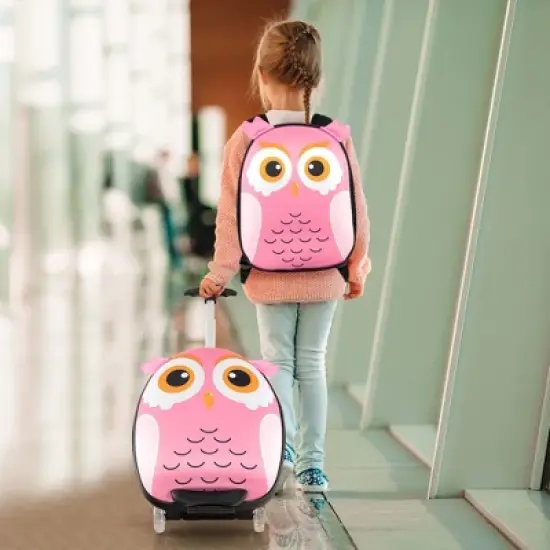 Costway 2PCS Kids Carry On Luggage Set 16'' Owl Rolling Suitcase with 12'' Backpack Travel Pink/White/Yellow image {1}