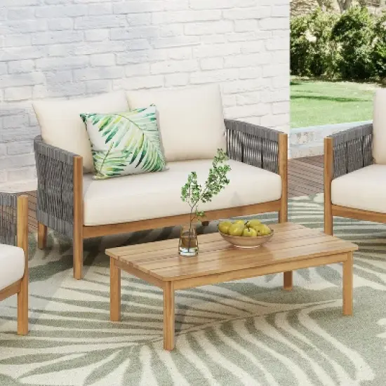 Christopher Knight Home Gilda Patio Rope Weaving Acacia Wood Loveseat and Coffee Table Seating Set image {10}