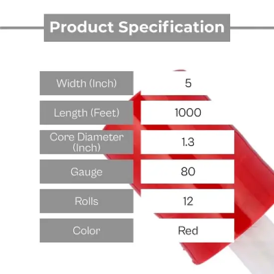PSBM 12 Rolls 5" x 1000 Ft. Opaque Red Mini Extended Core Pallet Stretch Wrap 80 Ga image {3}