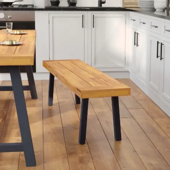 Emma and Oliver Rustic Natural Acacia Wood Bench with Seating for Two, Flared Wooden Legs and Slatted Surface for Indoor and Outdoor Use image {1}