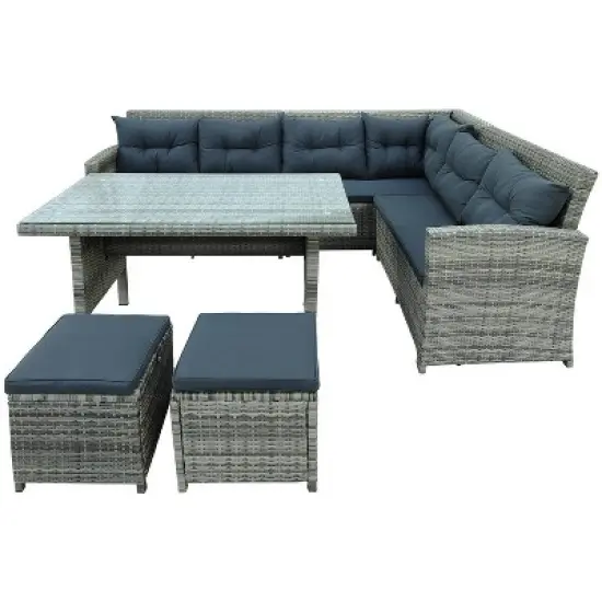 6pc Wicker Patio Set with Glass Table Ottomans - Gray/Dark Gray - GODEER image {11}