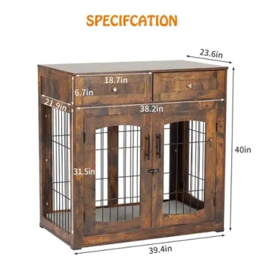 Dog Crate Furniture with 3 Doors,39.4" Large Dog Crate with 2 Drawer & Cushion,Wooden Dog House Kennel for Medium/Large Dog image {5}