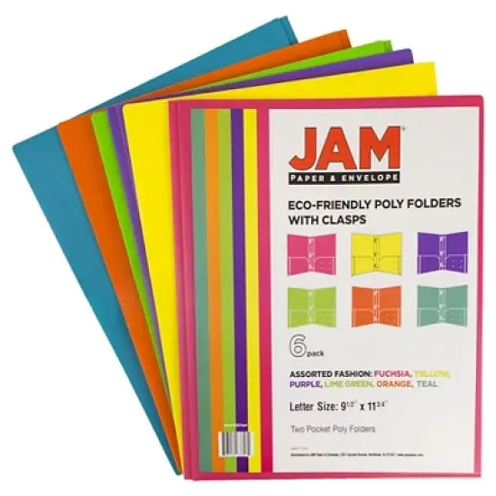 JAM 6pk POP 2 Pocket School Presentation Plastic Folders with Prong Fasteners Fashion Colors image {1}