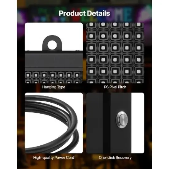 VEVOR Programmable Sign, P6 Full Color Flexible Digital Scrolling Panel, DIY Custom Text Pattern GIF Display Board, Bluetooth APP Control, Black image {4}