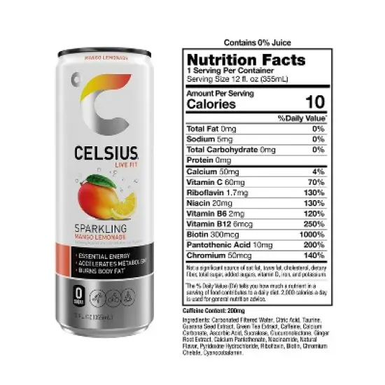 CELSIUS Sparkling Mango Lemonade Functional Energy Drink - 12 fl oz Single Can image {2}