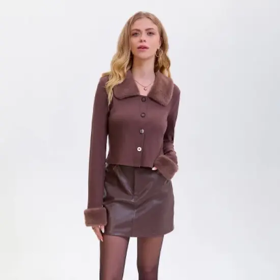 Women's Faux Fur Button-Front Sweater - Wild Fable&trade; Dark Brown image {6}