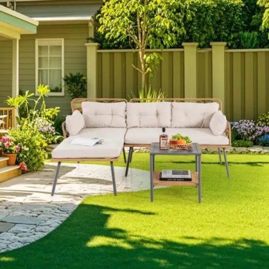 Costway 3 PCS Corner Patio Furniture Cushioned Sofa Set with Small Coffee Table Outdoor image {3}