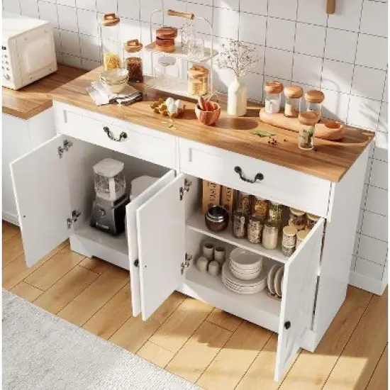 57" White Modern Farmhouse Sideboard Buffet - 2 Drawers & Adjustable Shelves, Large Kitchen Storage, Dining Room Coffee Bar Organizer image {3}