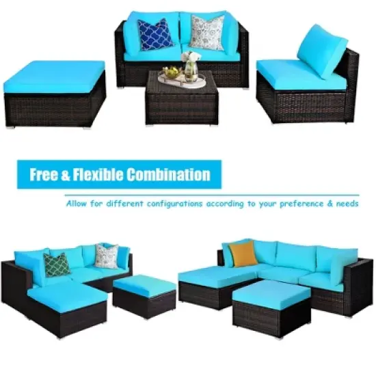 Tangkula 5PCS Cushioned Rattan Patio Conversation Set Outdoor Furniture Set w/ Ottoman image {5}