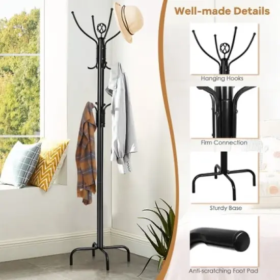 Costway Metal Coat Rack Hat Stand Tree Hanger Hall Umbrella Holder Hooks Black image {8}