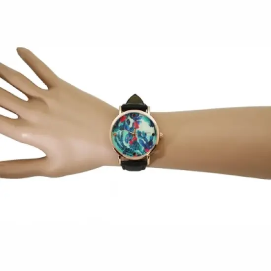 BLACK COLORFUL CACTUS DIAL LEATHER STRAP WATCH image {2}