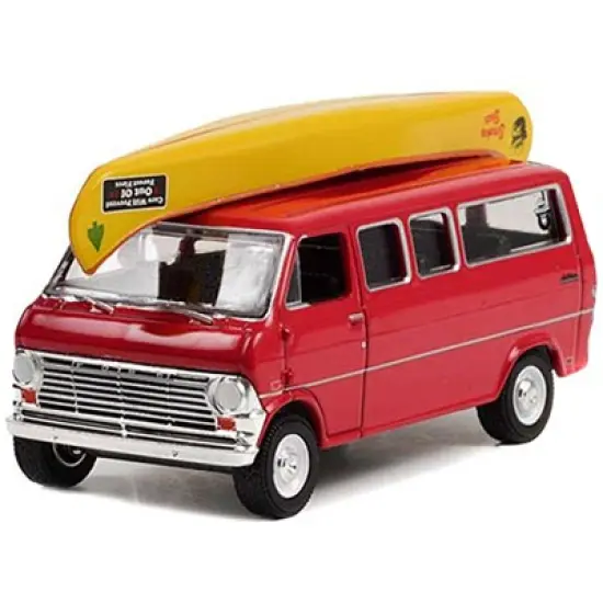 1969 Ford Club Wagon Van Red w/Canoe on Roof "Care Will Prevent 9 Out Of 10 Forest Fires!" 1/64 Diecast Model Car by Greenlight image {1}