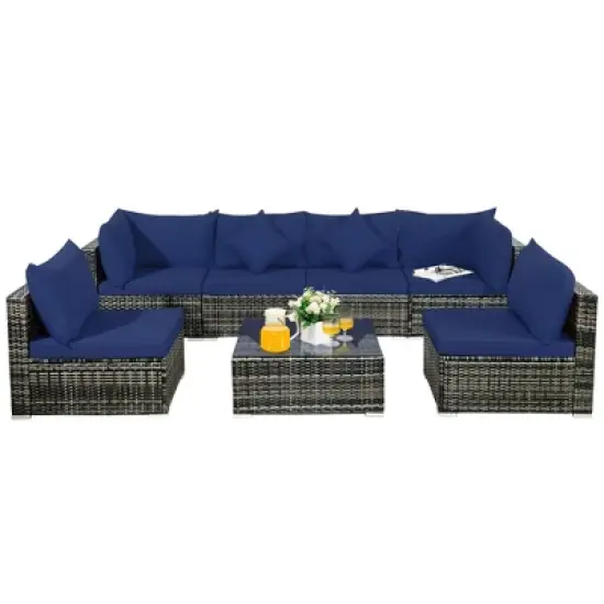 Costway 7PCS Patio Rattan Furniture Set Sectional Sofa Garden Navy Cushion image {3}