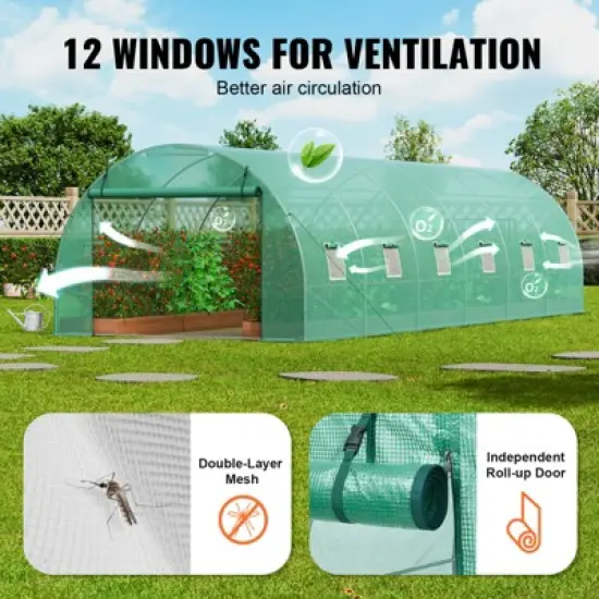 VEVOR Walk-in Tunnel Greenhouse, 29.2x9.7x6.5 ft Hoop House Greenhouse Tunnel with Galvanized Steel Frame, Green PE Cover, 12 Windows image {6}