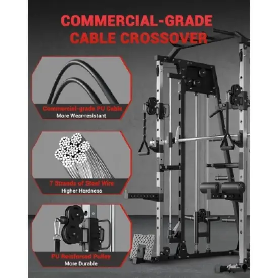 Smith Machine, 2200lbs Power Rack with Smith Bar, Cable Crossover Machine for Home Gym, Multifunctional Smith Machine with LAT Pulldown System image {3}