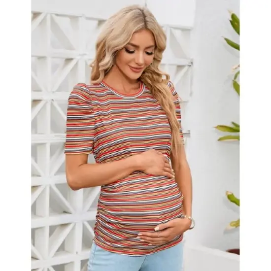 Maternity Tops Women's Casual Floral Printed Puff Short Sleeve Ruched Side Tunic Blouses Shirts Pregnancy Clothes image {5}