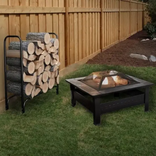 Fire Pit Table Kit 33-Inch Square Wood Burning Outdoor Fireplace with 4-Foot Firewood Rack, Spark Screen, Cover, and Log Poker by Pure Garden image {1}