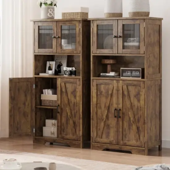 Kitchen Pantry Cabinets with Glass Doors and Adjustable Shelves, 54in Tall Freestanding Wooden Cupboard with Hutch image {2}