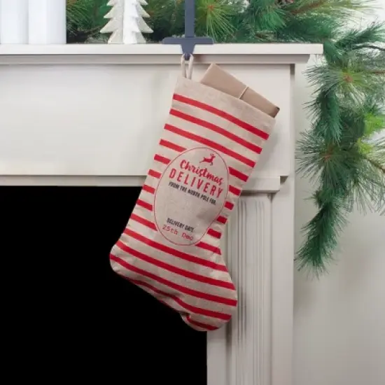 Northlight 19" Beige and Red Striped "Christmas Delivery" Stocking With Loop image {1}