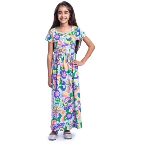 24seven Comfort Apparel Girls Floral Print Short Sleeve Pleated Maxi Dress image {7}
