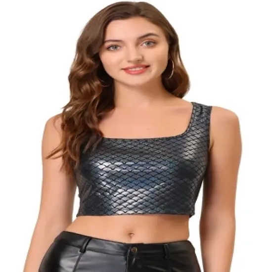 Allegra K Women's U Neck Sleeveless Party Clubwear Shiny Metallic Crop Tank Tops image {14}