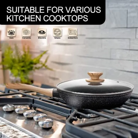 MICHELANGELO Nonstick Frying Pan with Lid, Non Stick Frying Pan with Non-Toxic Coating, Small Skillet with Lid, Granite Pan for All Cooktops image {4}