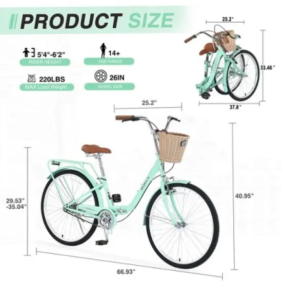 NAYSAYE 26 Inch Single Speed Folding Lady Bike Durable Steel Frame for Easy Storage and Commuting, Green, 66.93"*25.2"*40.95" image {3}