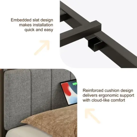 VECELO Full/Queen Upholstered Bed Frame with Storage End of Bed Bench, Platform Bed with Headboard & Charging Station, LED Lights, Gray image {10}