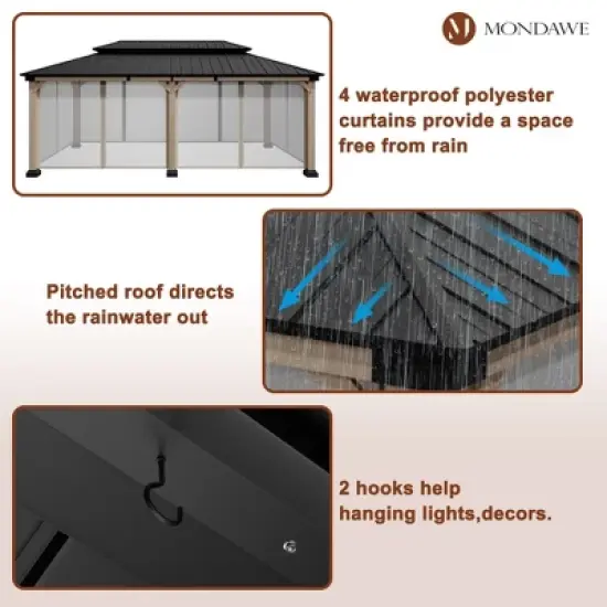 Mondawe 12x20Ft. Outdoor Solid Wood Frame Patio Gazebo Galvanized Steel Hardtop with Netting image {3}