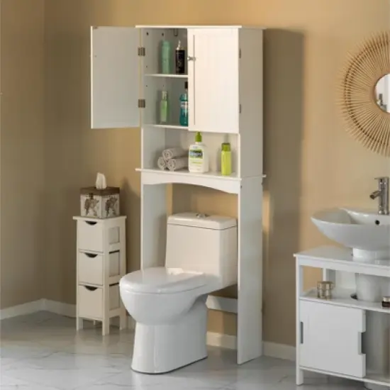 Basicwise White Over the Toilet Standing Cabinet Organizer for Bathroom with Open Shelf image {2}
